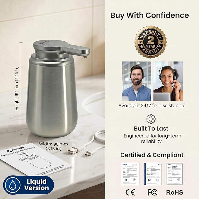 GentleJet NovaJet Automatic Liquid Soap Dispenser Touchless Sensor, USB-C Rechargeable, 304 Stainless Steel, IPX5 Waterproof for Bathroom Kitchen Sink, 10 oz / 300 ml