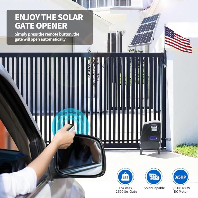 TOPENS DKC1100S Solar Sliding Gate Opener Chain Drive Automatic Gate Motor for Heavy Driveway Slide Gates Up to 2600 Pounds, Electric Gate Operator Battery Powered with Solar Panel Remote Control Kit
