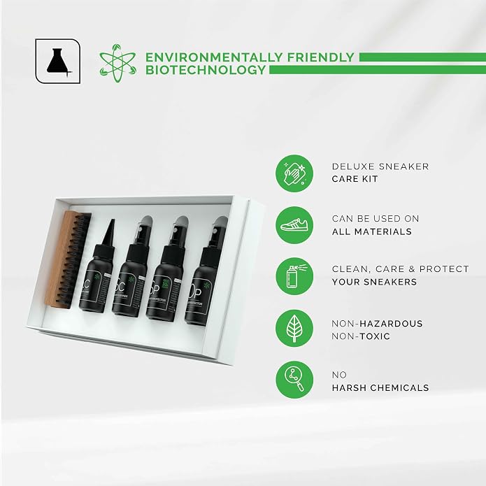 SNEAKER LAB Deluxe Shoe Care Cleaning Kit | Cleaner + Protector + Deodorizer + Leather Conditioner + Premium Brush | 1.7 Fl Oz Bottles