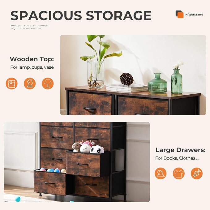 Sweetcrispy Dresser for Bedroom with 8 Drawers, Large Storage Tower | Fabric Chest of Drawers with Metal Frame Wooden Top for Closet, Living Room, Entryway, Tank