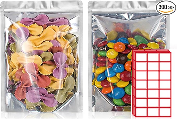 BELLE KR® Pint Mylar Bags for Food Storage - Pack Of 300-5x8-7.5mil Thick - Gusseted Bottom Clear Front Mylar Bags for Freeze Dryer - Labels Included