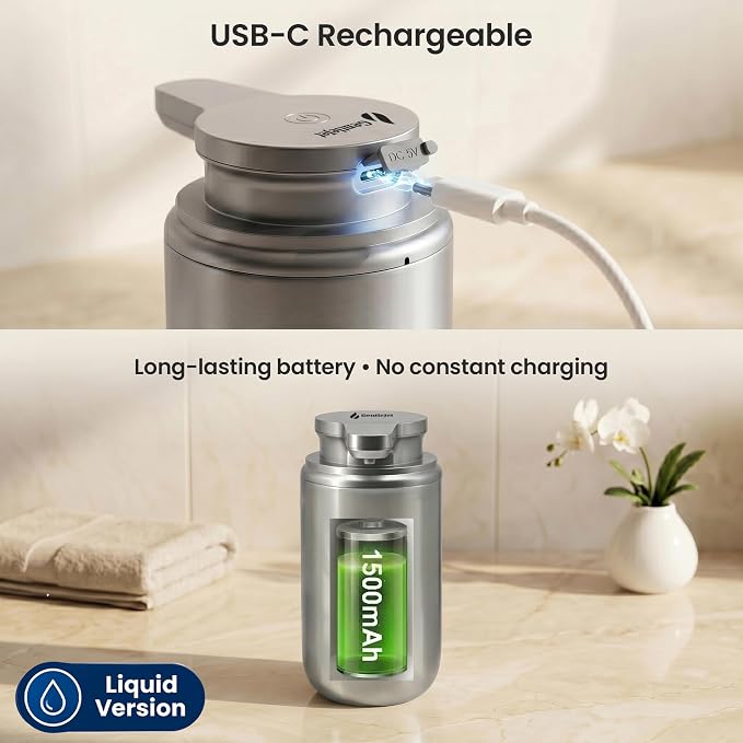 GentleJet WaveJet Automatic Liquid Soap Dispenser Touchless Sensor, USB-C Rechargeable, 304 Stainless Steel, IPX5 Waterproof for Bathroom Kitchen Sink, 10 oz / 300 ml