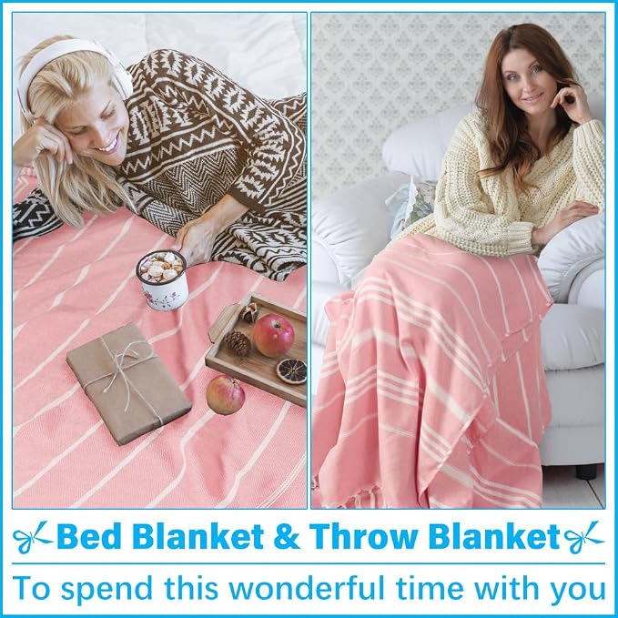 Vikumond Turkish Beach Towel Blanket Oversized 85x75 Inch Quick Dry Pink | Lightweight Compact Portable Sand Free Absorbent Boho Woven Throw for Pool Swimming Picnic Camping Cruise Outdoor Essentials