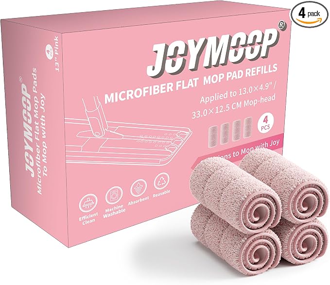 JOYMOOP Microfiber Flat Mop Replacement Pads, Washable Refills for Mop Bucket System, 13 Inch, Pack of 4, Pink
