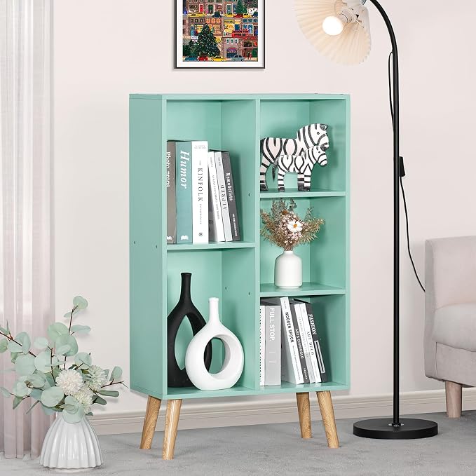 LEYAOYAO 5 Cube Bookshelf, Mid-Century Modern Book Shelf with Legs, Green | 3 Tier Bookcase, Rustic Wood Bookshelves Freestanding Small Storage Organizer, Open Shelves for Bedroom, Living Room, Office