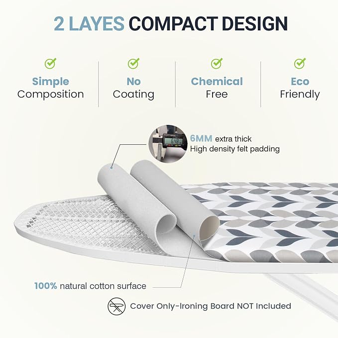 UniSimp Ironing Board Cover and Pad 18"x54" Extra Thick Natural Cotton, Scorch & Stain Resistant Iron Board Cover, Extra Large Iron Board Cover with Fasteners Heavy Duty Heatproof Elastic Edge Foliage