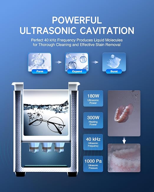 CREWORKS Ultrasound Cleaner with Heater and Timer, 1.6 gal Digital Sonic Cleaning Machine, 180W 6L Stainless Steel Jewelry Cleaner for Professional Tool Glasses Watch Retainer Denture Parts Cleaning