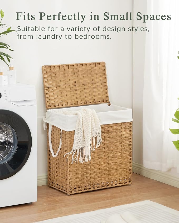 SETVSON Laundry Hamper with Lid Wicker Laundry Basket 112L, Natural | Large Family Clothes Sorter Trunk with Lid, 3 Compartment Washable Liners, 6 Mesh Bags, Collapsible Steel Frame