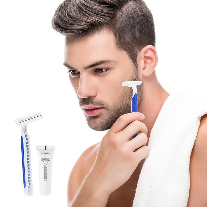 Disposable Razors in Bulk Pack of 120,Blue Disposable Shaving Razors Individual Wrapped Twin Blade Bulk Disposable Razors with Clear Cap and 10g Shaving Cream for Homeless,Hotel,Travel,Charity,Shelter