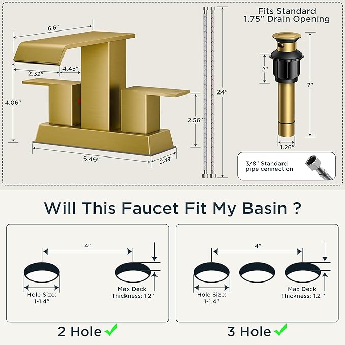 FORIOUS Brushed Gold Bathroom Faucets for 4 Inch 3 or 2 Hole Centerset Sink with Metal Pop Up Drain and Flexible Hose, Double Handle Operation, Suitable for Vanity RV Restroom Remodel