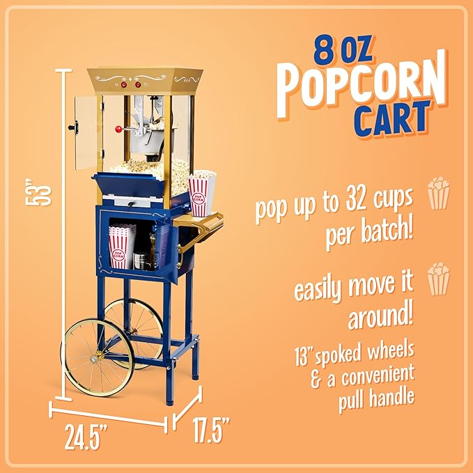 Nostalgia Popcorn Maker Machine - Professional Cart With 8 Oz Kettle Makes Up to 32 Cups - Vintage Popcorn Machine Movie Theater Style - Popcorn Stand Cart With Wheels - Navy/Gold