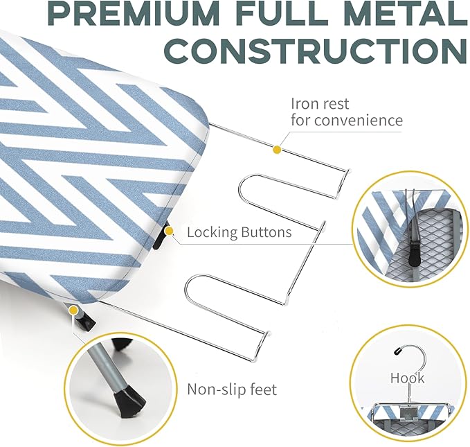 Small Tabletop Ironing Board Foldable, RAINHOL Steel Mesh Portable Iron Board for Dorm and Apartment, with Iron Rest and Heat-Resistant Cotton Cover, 32" x 12", Blue and White Stripes
