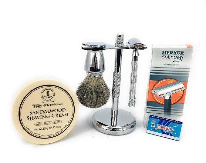 G.B.S Shaving Set Made in Soligen Germany MK 23 Safety Razor Long Handle, Taylor Of Bond Street Shave Cream Bowl Stand. Professional Badger Brush, 10 Pack of Blades Classic Vintage