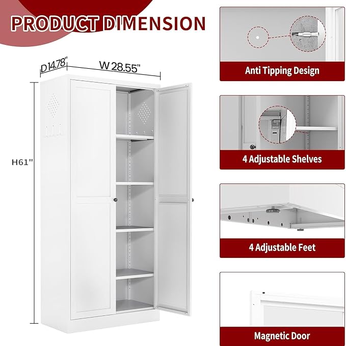 AQY Kitchen Pantry Cabinet,61" White Pantry Storage Cabinet with 4 Tier Adjustable Shelves and 2 Doors,Freestanding Cupboard,Metal Pantry Cabinets with Handle for Living Room Kitchen Assembly Required