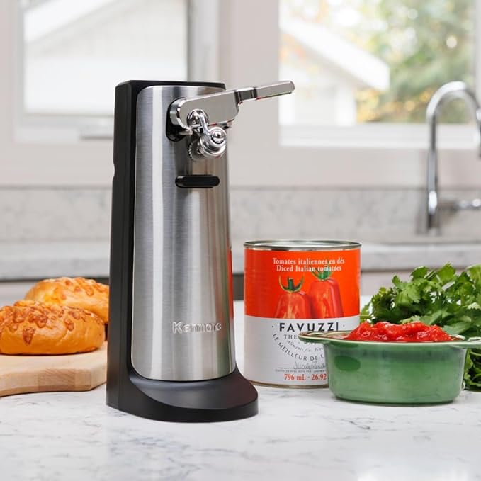Kenmore Electric Can Opener - Arthritis-Friendly, Bottle Opener, Knife sharpener, Latas Abrelatas, Cord Storage, Automatic Countertop Appliance Stainless Steel Detachable Cutting Lever