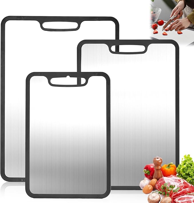 Titanium Cutting Board Set of 3, 360° Silicone Anti-Slip Edge, Non-Porous & Odor Resistant Metal Cutting Boards for Raw Meat, Fish, Vegetables and Meal Prep, Easy to Clean & Dishwasher Safe | Non-Porous & Odor Resistant, Easy to Clean & Dishwasher Safe...
