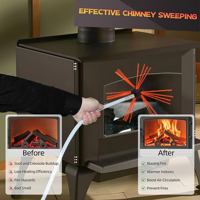 Chimney Sweep Kit - 33 Feet, Chimney Cleaning Tool with 10 Nylon Flexible Rods, Brush & Drill-Driven Rotary System