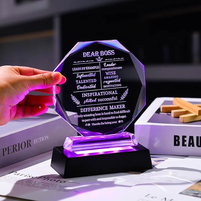 Movdyka Boss Gifts for Men Women Crystal Keepsakes with LED Base - Best Boss Day, Birthday, Christmas, Going Away, Thank You, Female Appreciation, Retirement, Office Decor