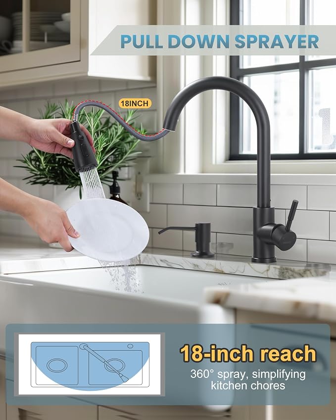 WOWOW Black Kitchen Faucet with Soap Dispenser, Stainless Steel Kitchen Sink Faucet, Matte Black Kitchen Faucet Single Handle High Arc Utility Sink Faucet for Sink, RV, Laundry, Bar