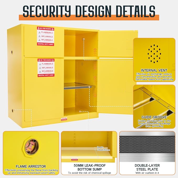 SPECRAFT 125-Gallon Dual-Compartment Flammable Safety Cabinet | 65 x 59 x 34 In, Cold-Rolled Steel, 2 Storage Compartments, Adjustable Galvanized Shelves, OSHA and CE Certified