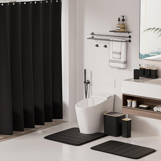 XLHOMO Bathroom Set - 25PC Black Bathroom Set with Shower Curtain and Rugs, Bathroom Accessories Set, Black Shower Curtain Set with Bathroom Trash Can