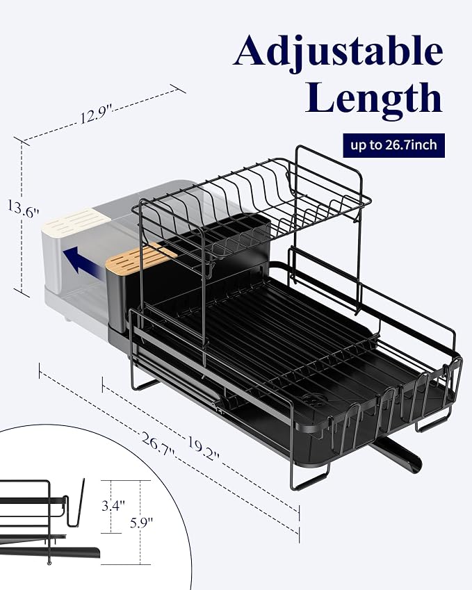 Kitsure Large Dish Drying Rack - Extendable Dish Rack, Multifunctional Dish Rack for Kitchen Counter, Anti-Rust Dish Drainers with Cutlery & Cup Holders 19.2"-26.7" L x 12.9" W x 13.6" H, Black