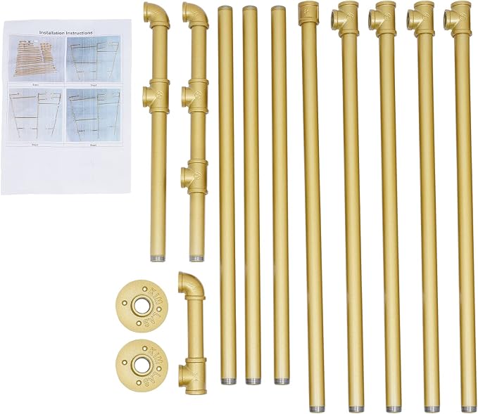 Industrial Pipe Clothing Rack Wall Mounted Clothing Racks 3 Shelves Clothes Organizer with 3 Hanging Rods, Garment Rack for Homes, Laundry Room, Hotels (Gold)