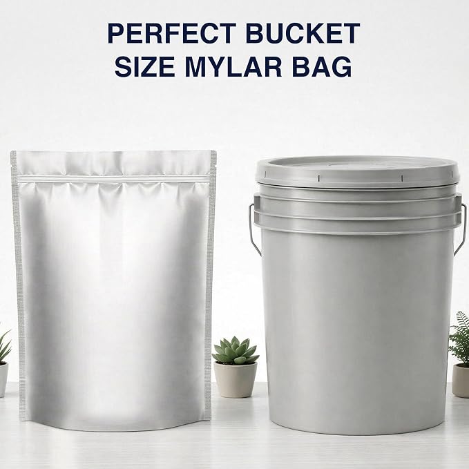 BELLE KR® 30 Pcs 5 Gallon Mylar Bags With 2000CC Oxygen Absorbers - Perfect Bucket Size - 11 Mil Thick - With Sticker Labels and Closure Clip - Smell Proof, Heat Resealable Large Mylar Bag