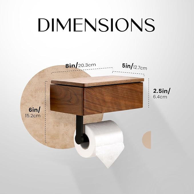 Day Moon™ - Toilet Paper Holder with Shelf - Modern Roll Holder for Bathroom - 1 Pack - Wall Mount - with Storage, Wood