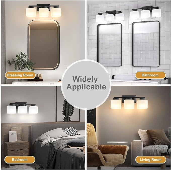 EJIAXIN 3-Light Bathroom Light Fixtures - Black Bathroom Vanity Lights with Frosted Glass Shade Modern Bathroom Lighting Fixtures Over Mirror - Wall Sconce Lamps for Bedroom,Living Room,Hallway