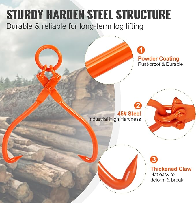 VEVOR Log Skidding Tongs, 18 inch 2 Claw Log Lifting Tongs, Heavy Duty Steel Lumber Skidding Tongs, 772 lbs/350 kg Loading Capacity, Log Lifting, Handling, Dragging & Carrying Tool
