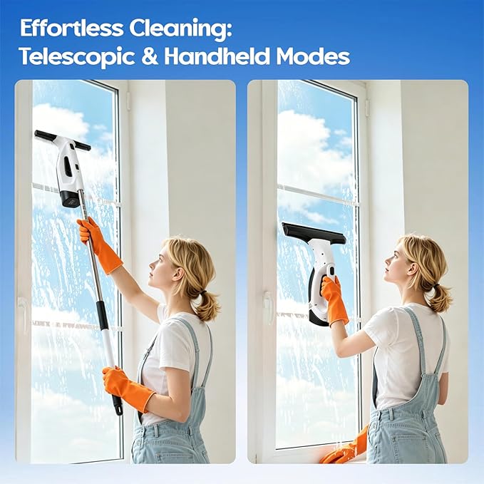 Cordless Window Vacuum Squeegee, 1.8-2 KPA Electric Window Vacuum Cleaner Tool with 0.8-1M Extendable Pole, Silicone Cleaning Scraper, 150ML Water Tank, 2200mAh IPX4, for Shower Glass, Car, Kitchen