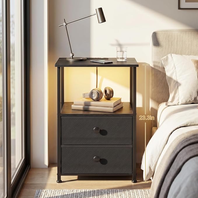 Nightstands Set of 2, LED Night Stand with Charging Station | Bedside Table with Type-C Outlets & 2 Fabric Drawers, End Tables with Storage Shelf for Bedroom, Small Spaces, Black