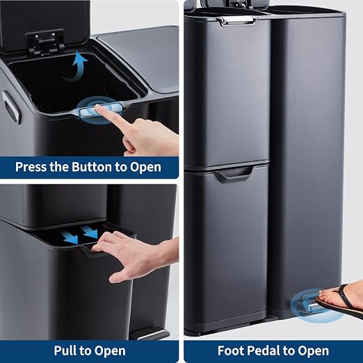 16 Gal Recycle Bins for Kitchen, Triple Compartment Garbage Can with Lid, Stainless Steel Trash and Recycling Bin Combo with Inner Bucket & Foldable Foot Pedal for Home Office, Black