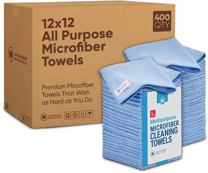 Bulk 12” X 12” All Purpose Microfiber Towels Wholesale - Case Quantity (400 Count) | No Fraying | High Density Microfiber | Zero Chemical Cleaner | Long-Lasting (Blue)