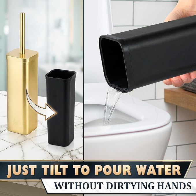 Gold Toilet Brush with Square Holder - Toilet Brush and Holder Set Gold, Stainless Steel Handle with Splash Shield, Replaceable Head and Removable Inner Cup - Freestanding Bathroom Toilet Cleaning Set