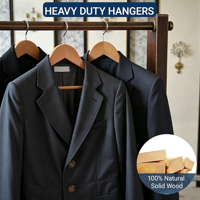 Amber Home 30 Pack Wooden Coat Hangers, Natural Wood Suit Hangers with Non-Slip Pant Bar, Clothes Hangers for Closet Organization, Shirts, Jackets, Dresses, and Pants (Natural, 30)