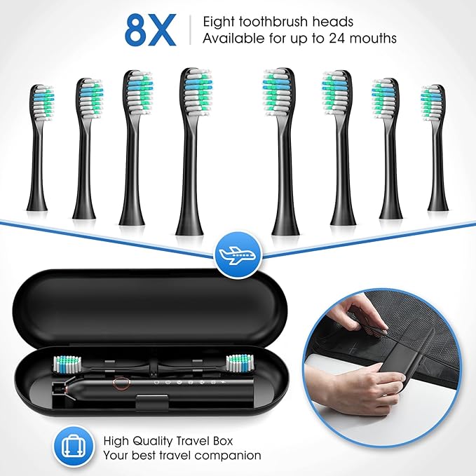 Electric Toothbrush, Sonic Type for Adults & Teens, 8 Brush Heads, Travel Case, 6 Modes, 40000 VPM Electric Motor, IPX7 Waterproof, 2 Minutes Timer, Wireless Charging, One Charge for 100 Days-Black