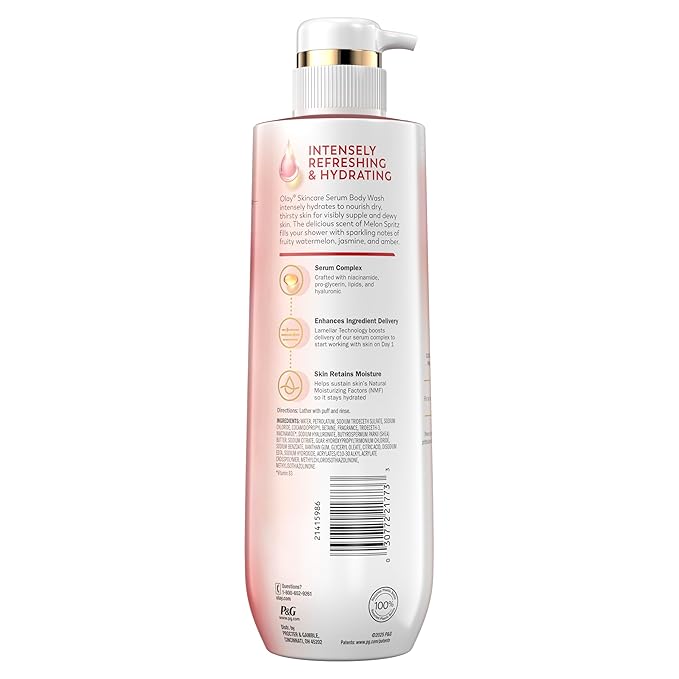 Olay Body Wash for Women, Intensely Hydrating, Pro-Hyaluronic Acid Serum Complex, Renews Moisture, Vitamin B3 Lameller Technology, For All Skin Types, Melon Spritz Scent, 20 fl oz