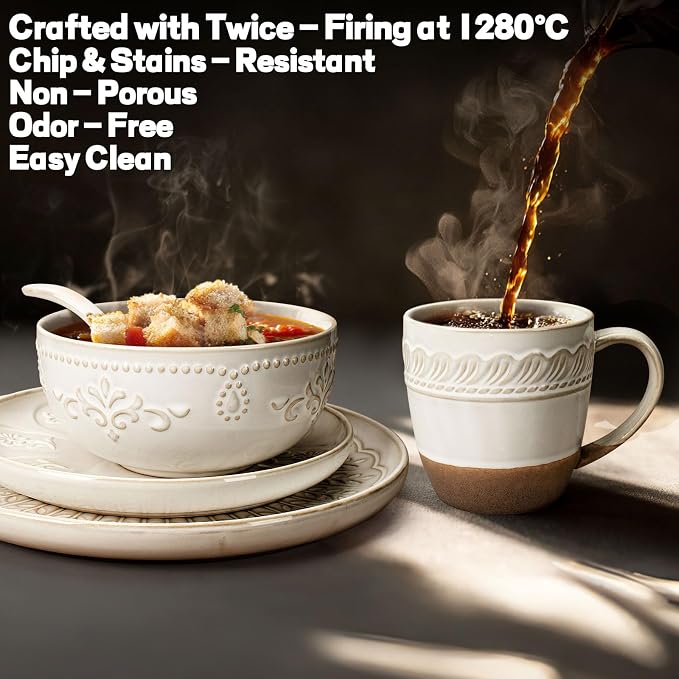 Artena Ceramic Coffee Mugs Set of 4, 16oz Embossed Large Latte Mugs Coffee Cups with Handle for Tea, Latte, Cappuccino & Cocoa, Milk Dishwasher & Microwave Safe, White (Willow Leaf)