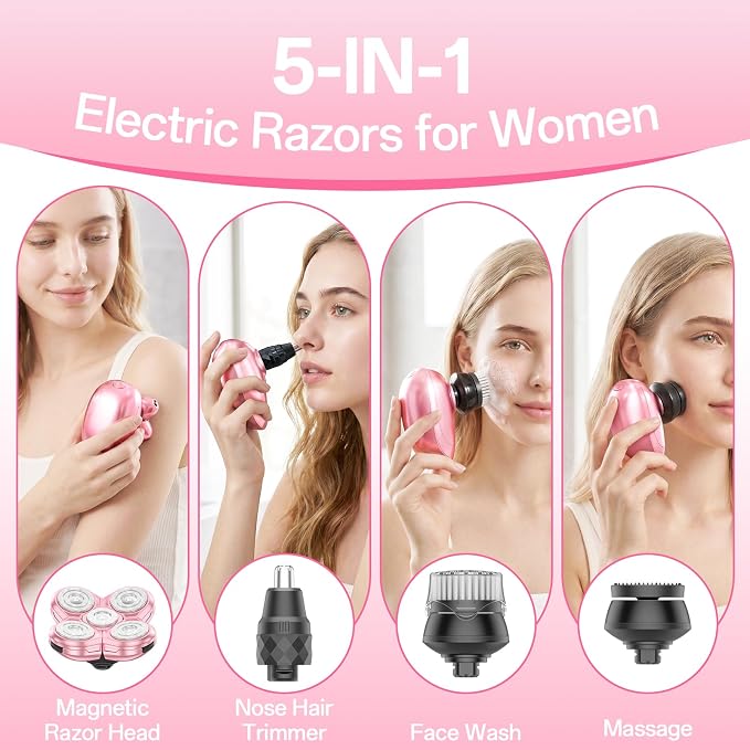 5-in-1 Electric Razors for Women, Portable Electric Shavers for Full Body, Waterproof Wet/Dry, Rechargeable Hair Remover for Lady Legs, Face, Underarms, Lips, Arms