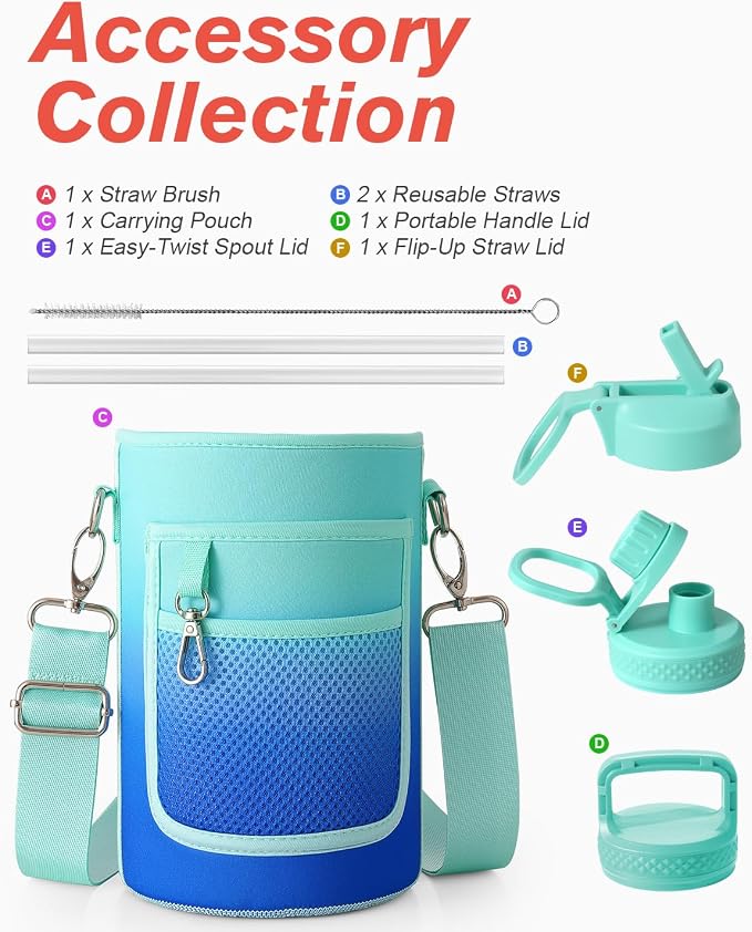 Insulated Water Bottle 64 oz with Straw & 3 Lids, Coolflask Half Gallon Water Jug Large Metal Stainless Steel Wide Mouth for Sports, Gym or Office, Non-BPA Keep Cold 48H Hot 24H, Pacific Prince