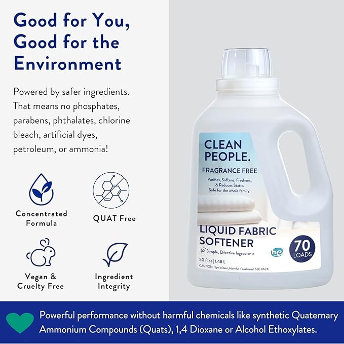 Clean People All Natural Liquid Fabric Softener - Plant-Based, Eco Friendly - Naturally Softens & Removes Static Cling - Vegan - Fragrance Free Laundry Softener - 100 fl oz - 140 loads