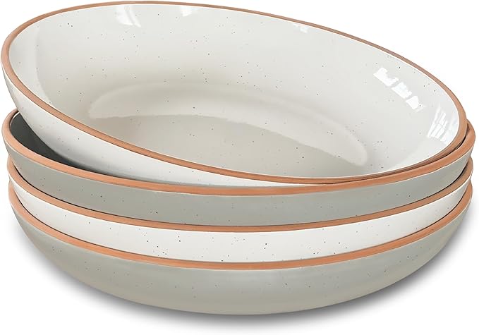Mora Ceramic Large Pasta Bowls 30oz, Set of 4 - Serving, Salad, Dinner, etc Plate/Wide Bowl - Microwave, Oven, Dishwasher Safe Kitchen Dinnerware - Modern Porcelain Stoneware Dishes, Vanilla & Grey
