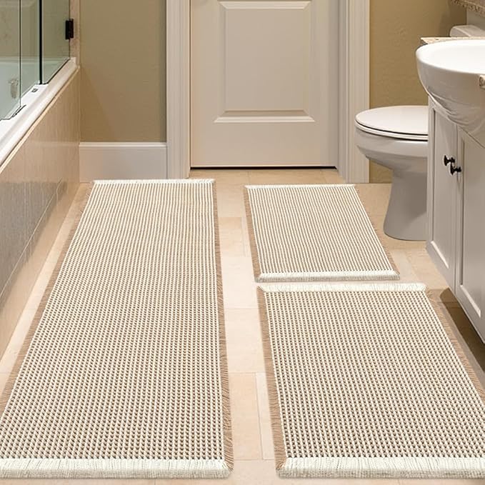 IM HOME Waffle Bath Mat Set 3 Piece Brown & Cream,Woven Modern Bath Rug Mats, Absorbent Non Slip Bath Floor Mat, Soft Washable Boho Bath Rugs with Tassels for Bathroom, Bedroom, Kitchen, Tub