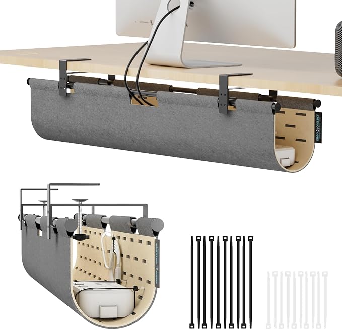 No Drill Under Desk Cable Management Tray,30" Felt Cord Organizer for Table | Clamp or Screw Mount, Converts to Privacy Panel, Pegboard Design, Wire Management for Standing Desk & Home Office