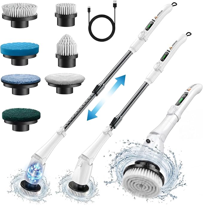 Cordless Electric Spin Scrubber with Extendable Long Handle | 3 Speed Modes, LED Light, 7 Replaceable Brush Heads, Works for Bathroom, Tub, Floor, Tile, Grout Cleaning