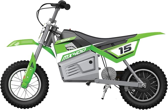 Razor MX400 Dirt Rocket 24V Electric Toy Motocross Dirt Bike with Hand-Operated Brakes and Retractable Kickstand, Green (2 Pack)