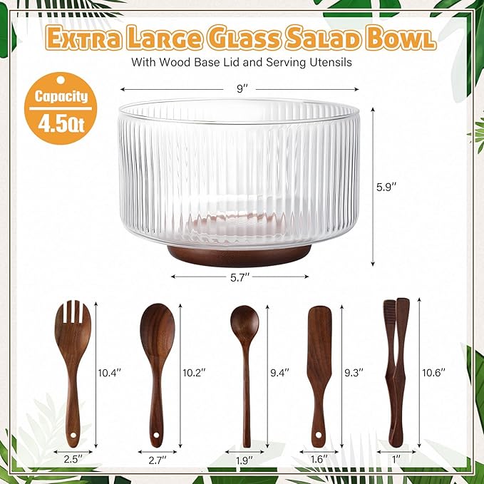 Large Glass Salad Bowl Set, Ribbed Salad Bowl with Wood Base and Lid As Cheese Charcuterie Board and Plate, Comes with 5 Pieces of Wood Serving Utensils for Kitchen Party(9" X 5.9")