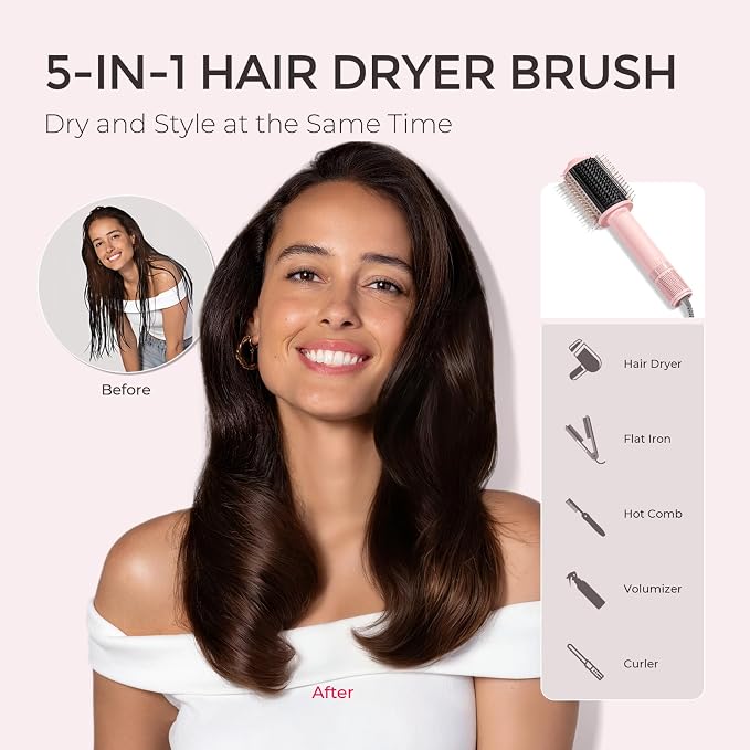 TYMO 4.0 Hair Blow Dryer Brush - Lightweight 3X Faster Drying 5-in-1 Ionic Blowout Hair Dryer Brush Adds Shine, Volume & Fullness for Smooth, Anti-Frizz Straight, Curl & Blowout Styles, Pink